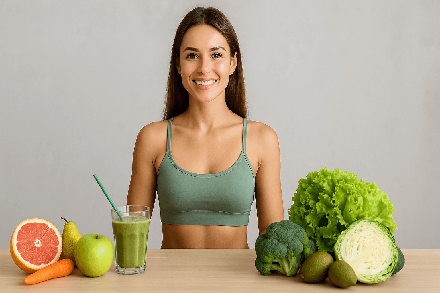 Donna con cibo sano e bevanda verde. Dieta detox