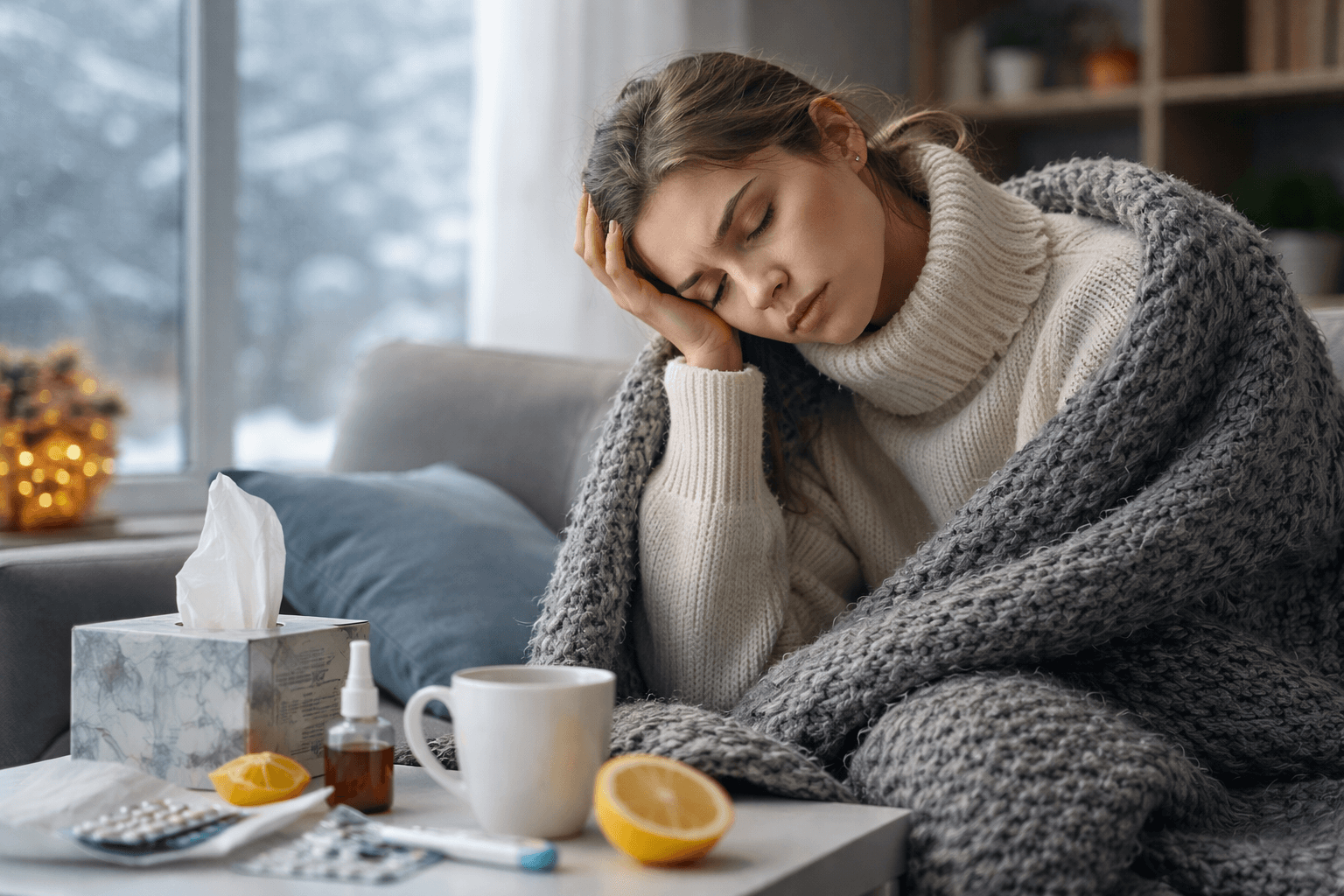 Donna avvolta in una coperta grigia. Disturbo Affettivo Stagionale (SAD) e depressione invernale