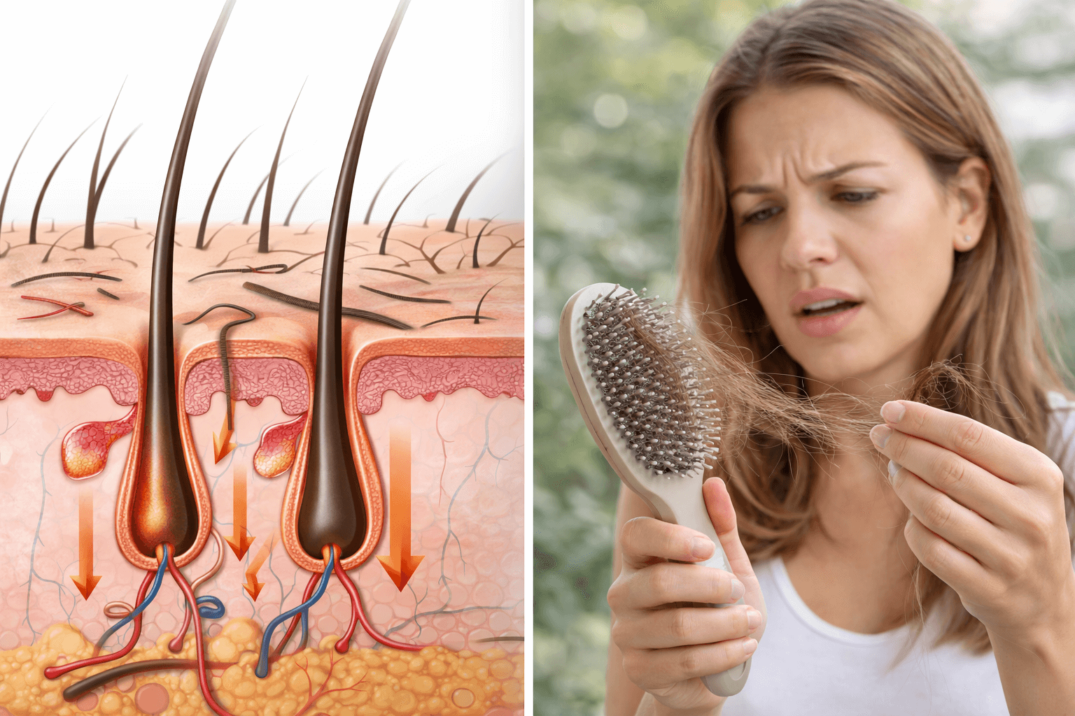 Caduta capelli stagionale con capelli sulla spazzola e illustrazione dei follicoli del cuoio capelluto durante il ciclo di caduta dei capelli.