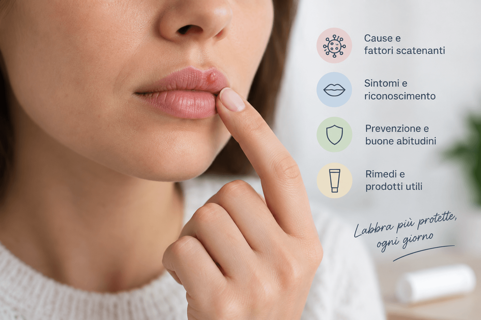 Herpes Labiale Herpes labiale sul labbro con vescicole visibili e riferimenti a cause, sintomi, prevenzione e rimedi.